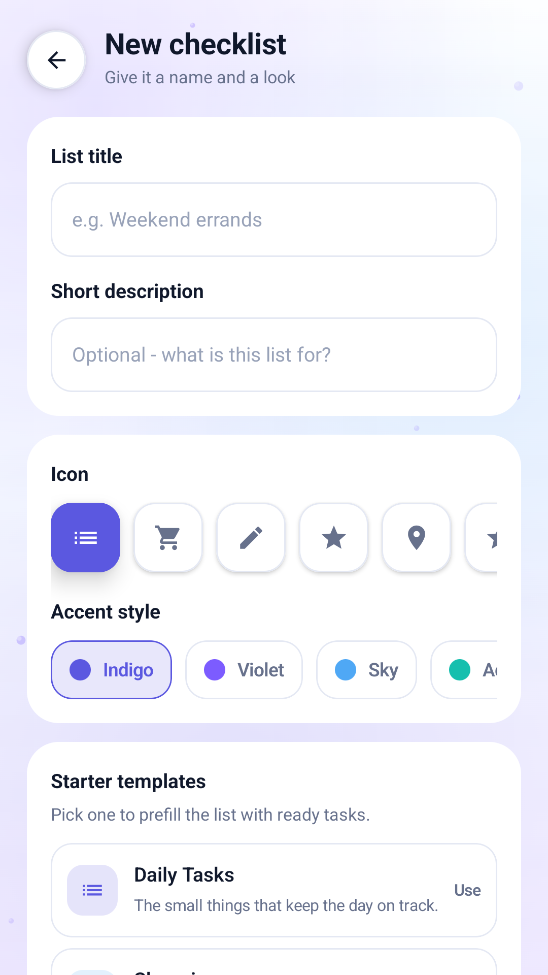 White Checklist new checklist screen